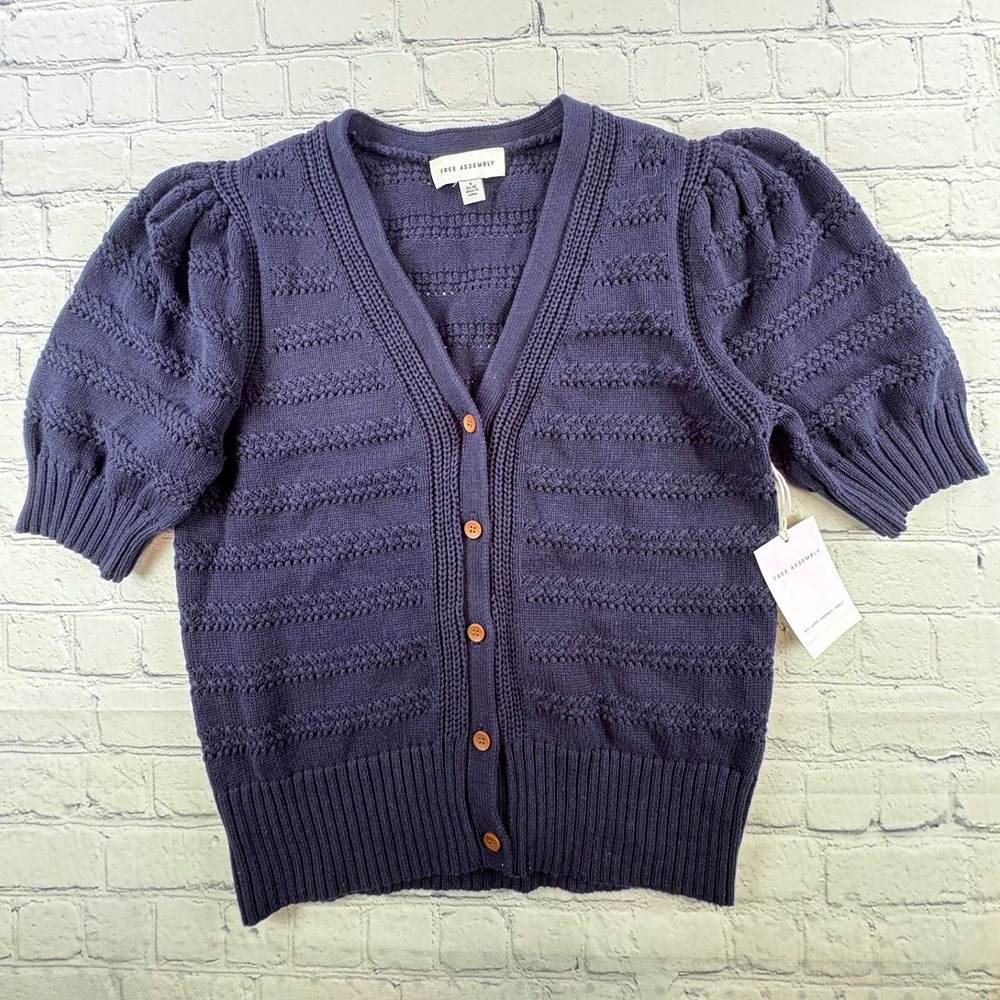 Free Assembly Cardigan Womens Small Navy Blue New Puff Sleeve Crochet Button Up